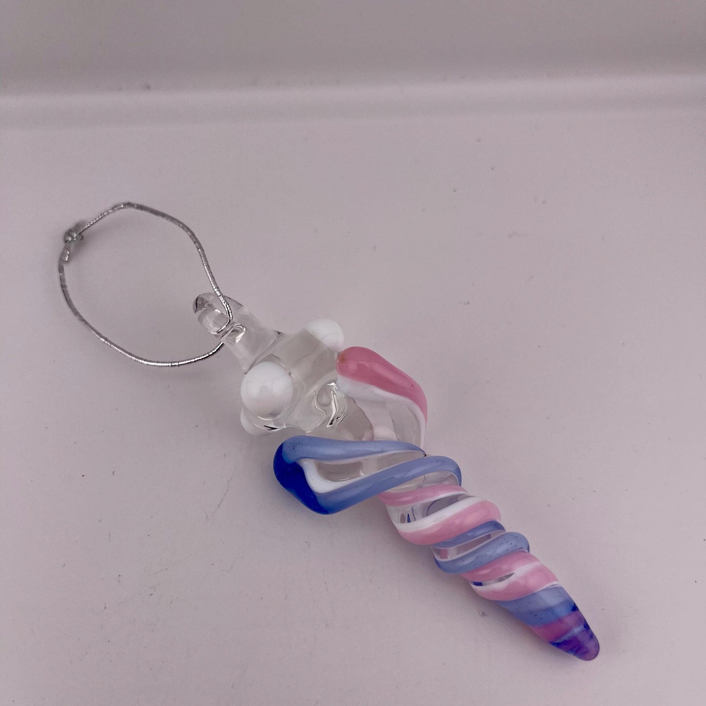 Mini Glass Icicle Ornament with Pink and Light Blue over Lotus White Color Twist