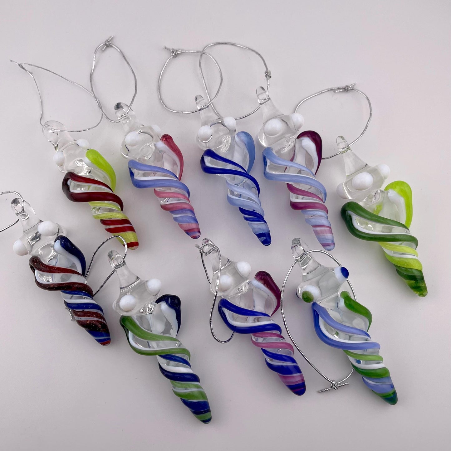 Mini Glass Icicle Ornament with Blizzard Blue and Sparkly Green over Lotus White Color Twist