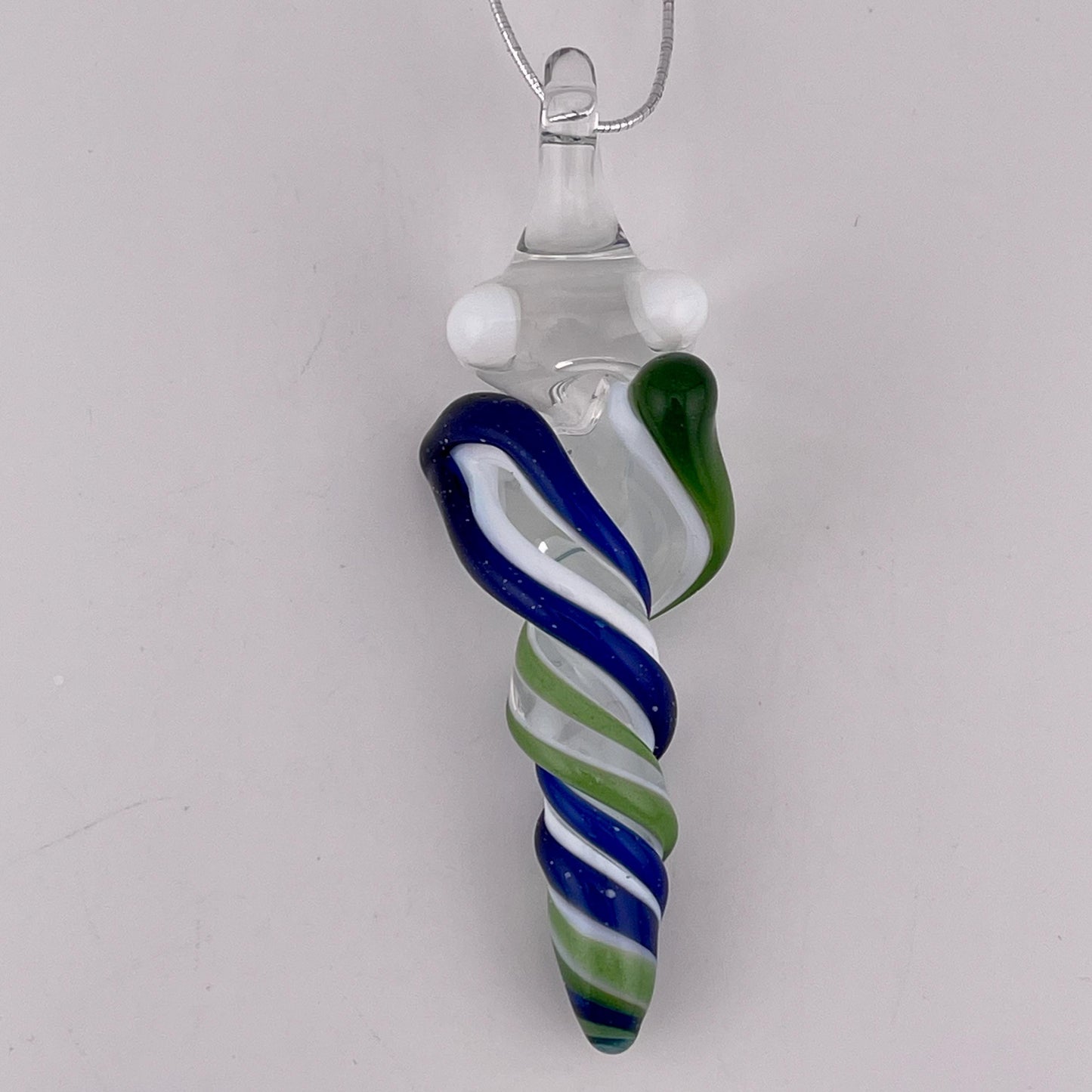 Mini Glass Icicle Ornament with Blizzard Blue and Sparkly Green over Lotus White Color Twist