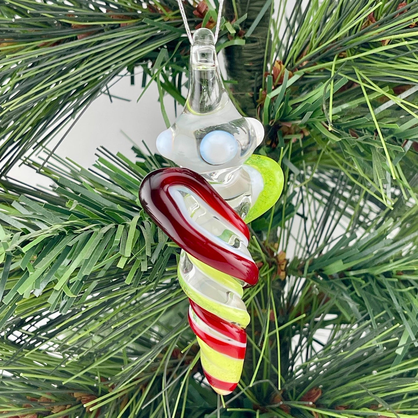 Mini Glass Icicle Ornament with Elvis Red and Green Slime over Lotus White Color Twister