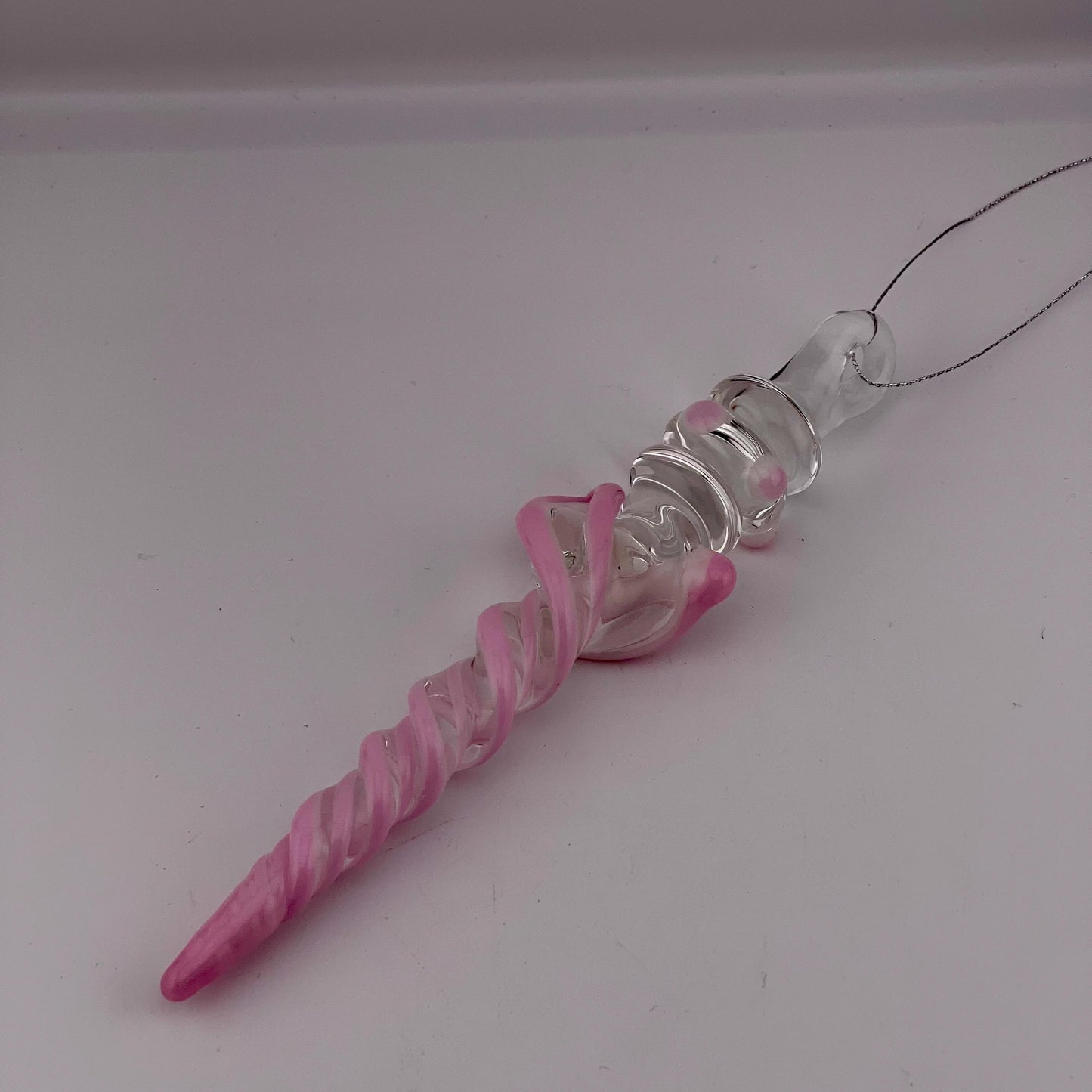 Large Maria Pink over White Glass Icicle Christmas Ornament