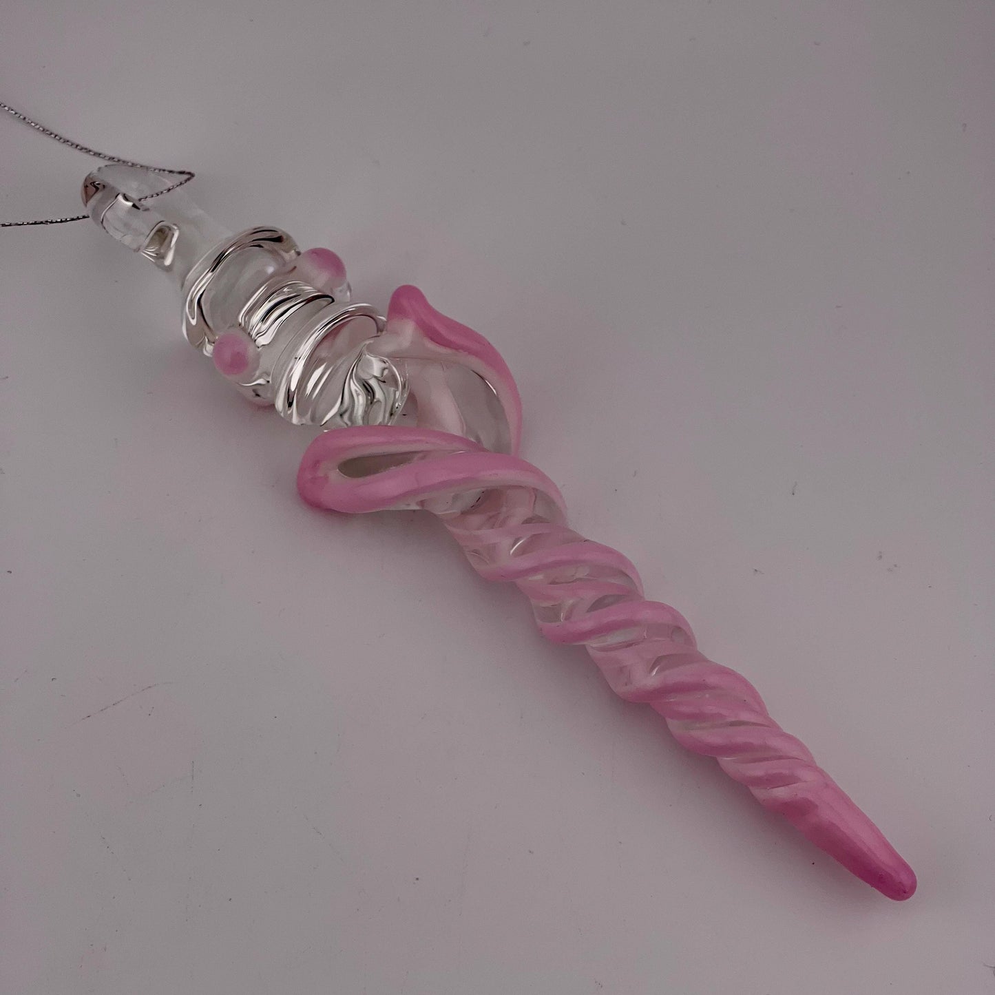 Large Maria Pink over White Glass Icicle Christmas Ornament