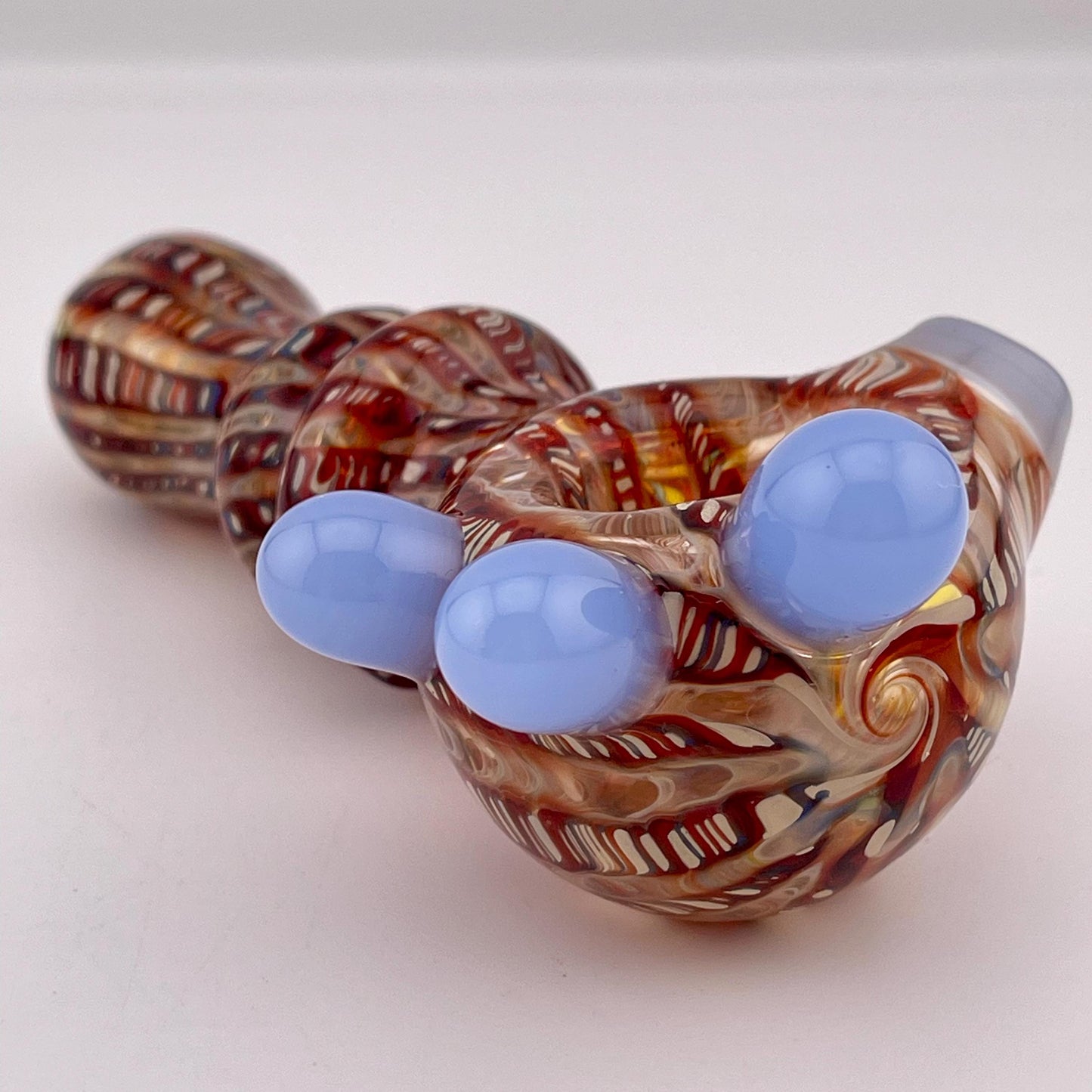 Wrap n Raked Red and Silver Fumed Spoon Pipe with light blue marbles