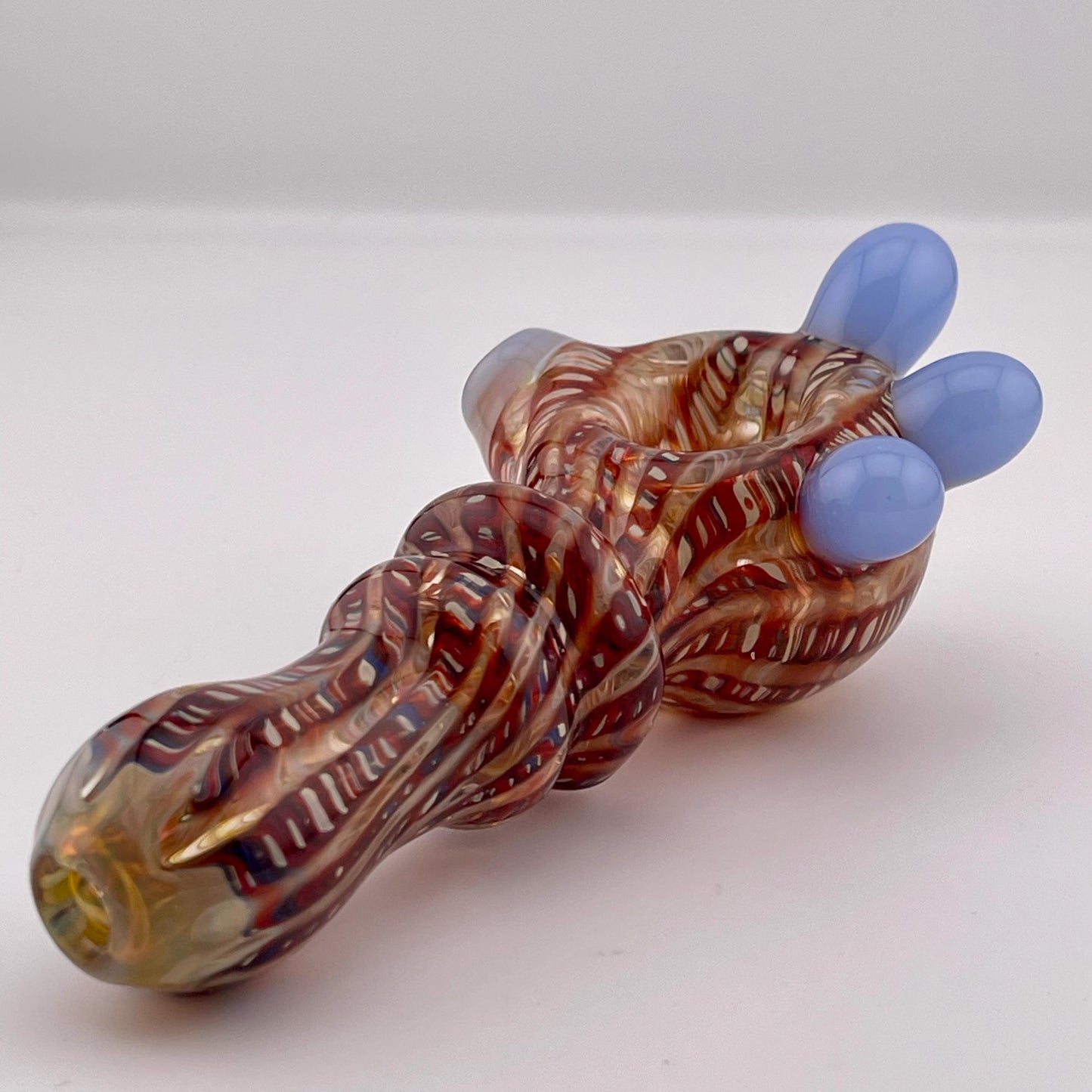 Wrap n Raked Red and Silver Fumed Spoon Pipe with light blue marbles