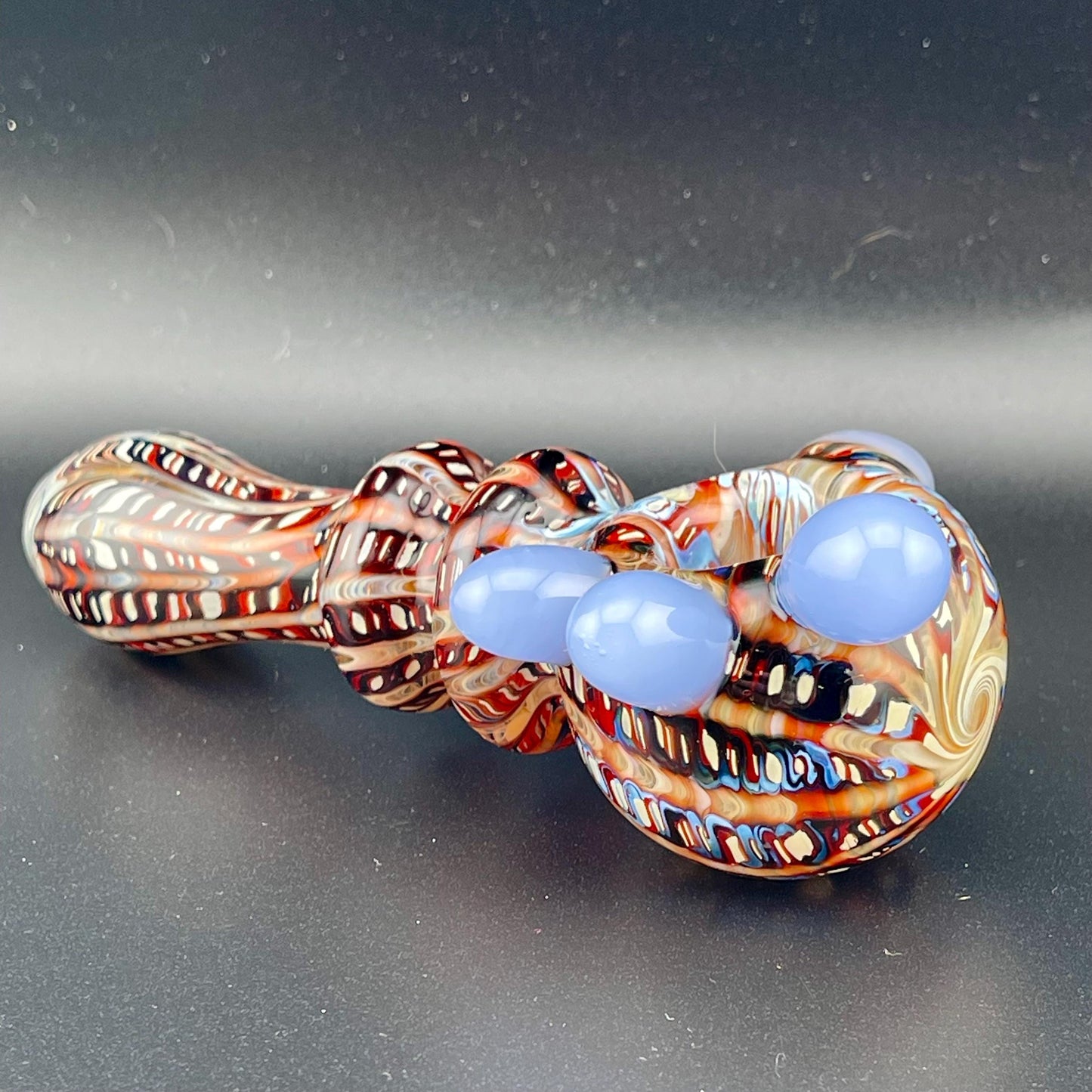 Wrap n Raked Dark Red and Silver Fumed Spoon Pipe with light blue marbles