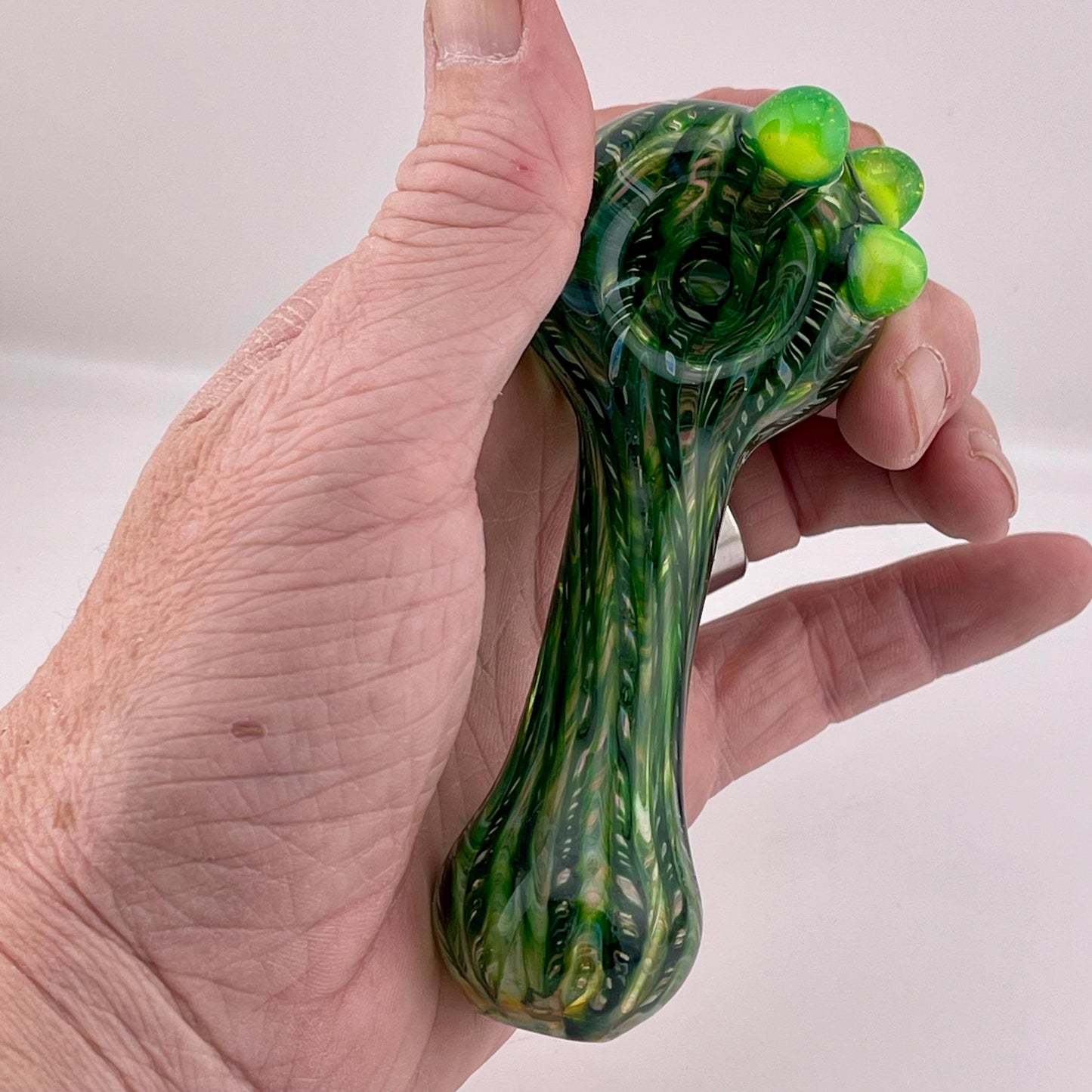 Wrap n Raked Green  Silver Fumed Spoon Pipe with slime green marbles