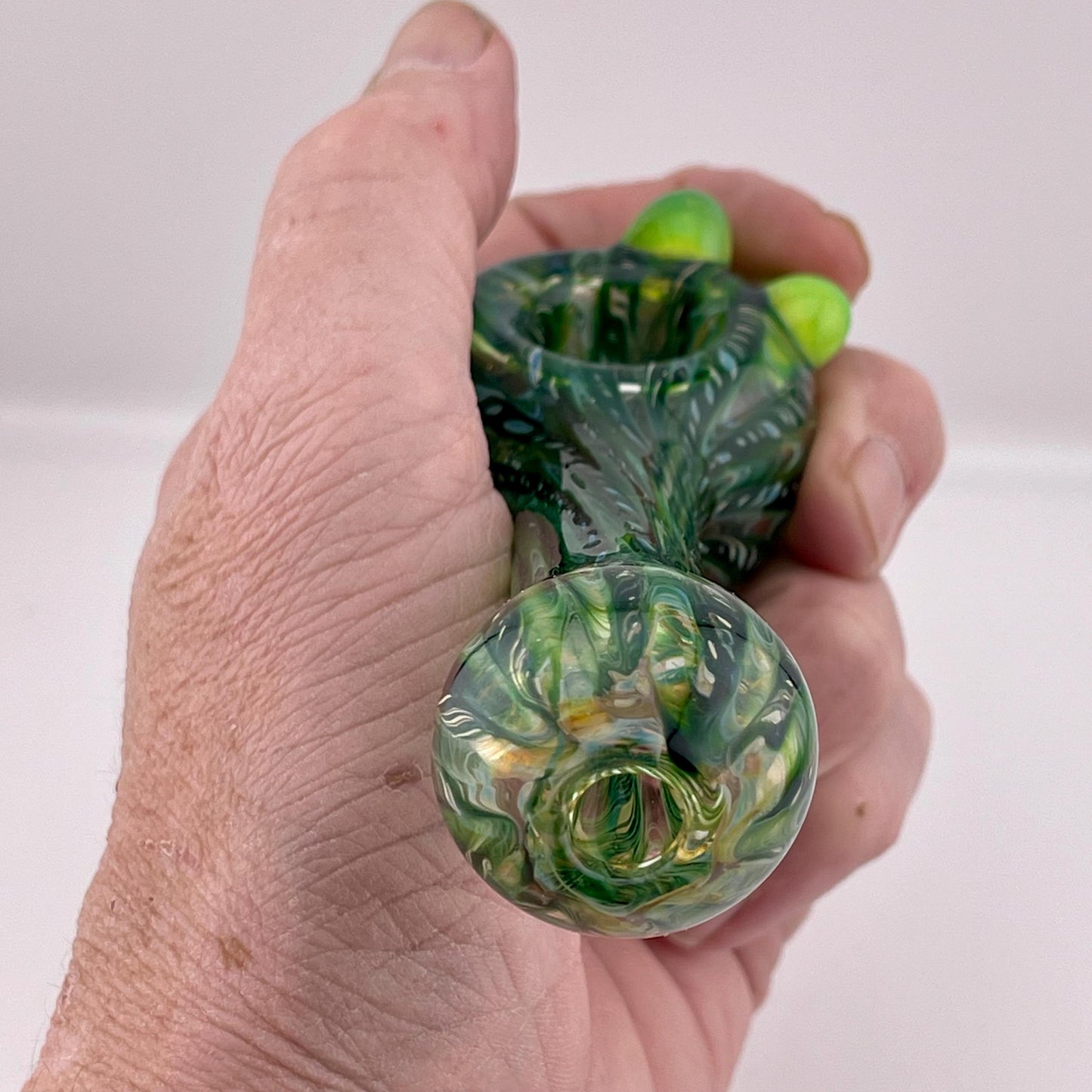 Wrap n Raked Green  Silver Fumed Spoon Pipe with slime green marbles