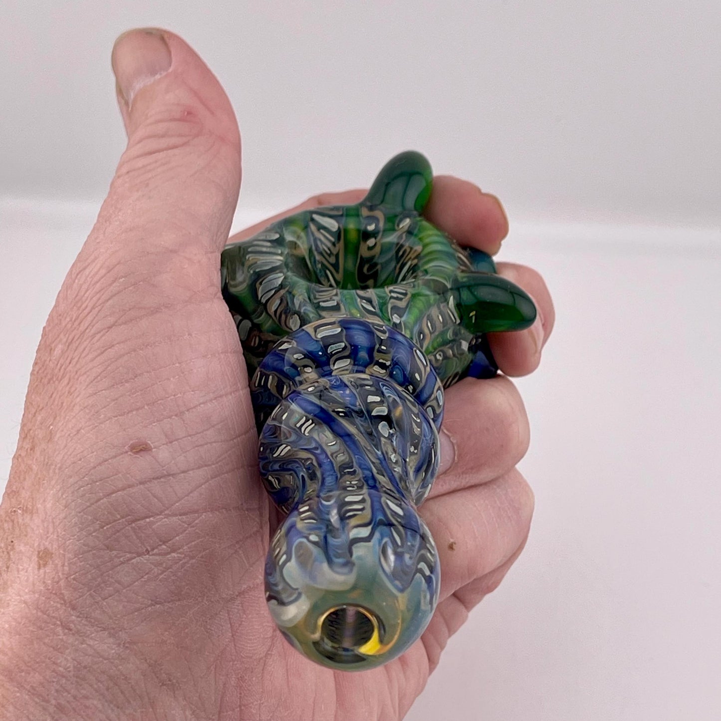 Wrap n Raked Blue and Green and Silver Fumed Spoon Pipe with light blue marbles