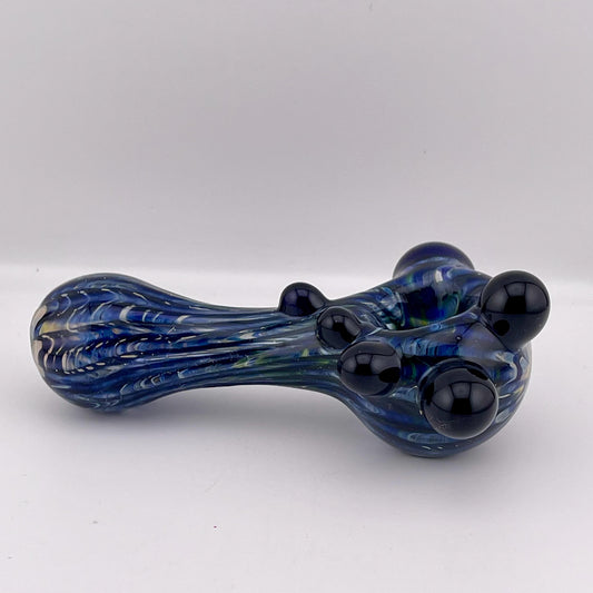 Wrap n Raked Blue and Silver Fumed Spoon Pipe with light blue marbles