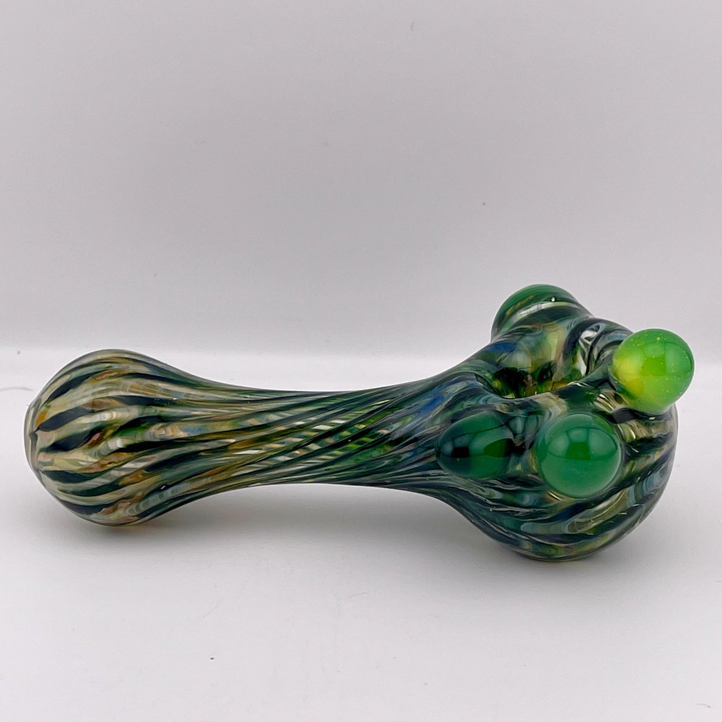 Wrap n Raked Green and Silver Fumed Spoon Pipe with green marbles