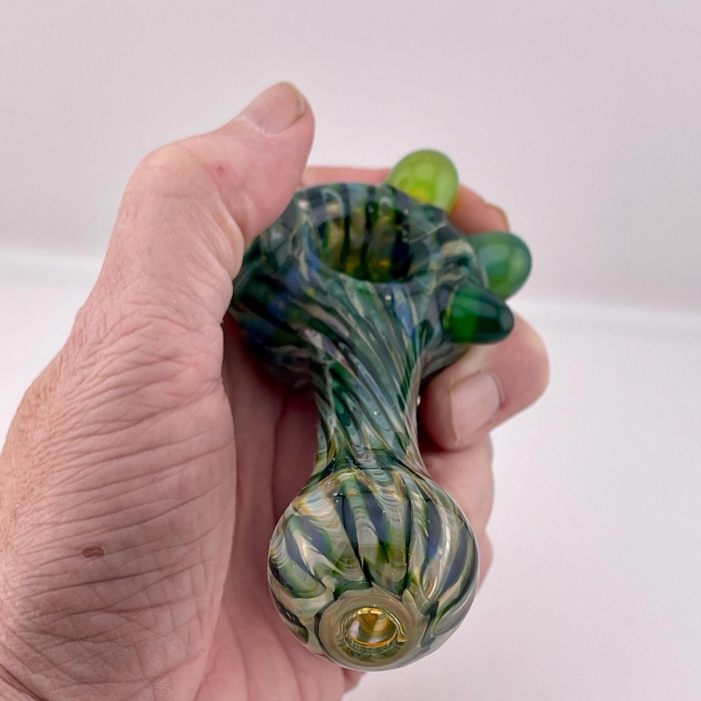 Wrap n Raked Green and Silver Fumed Spoon Pipe with green marbles