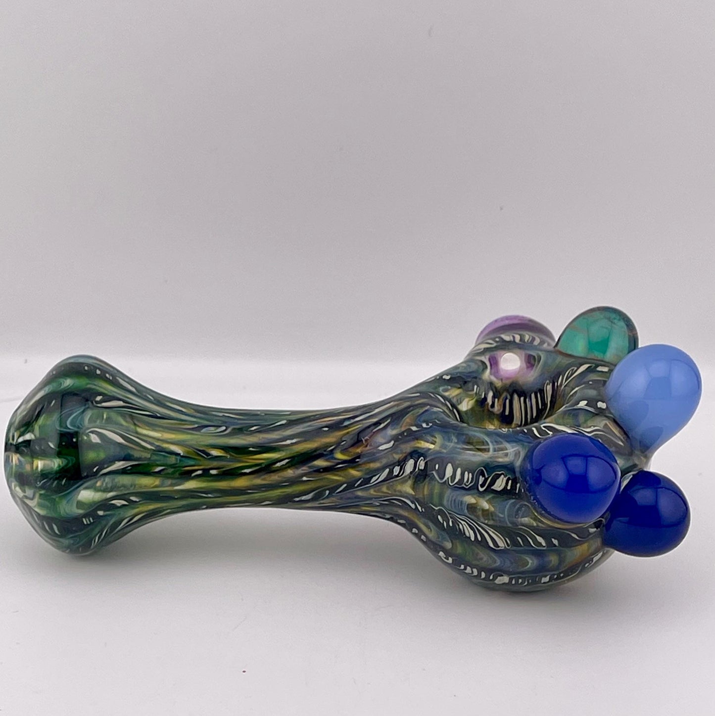 Wrap n Raked Blue and Silver Fumed Spoon Pipe with light blue and blue marbles