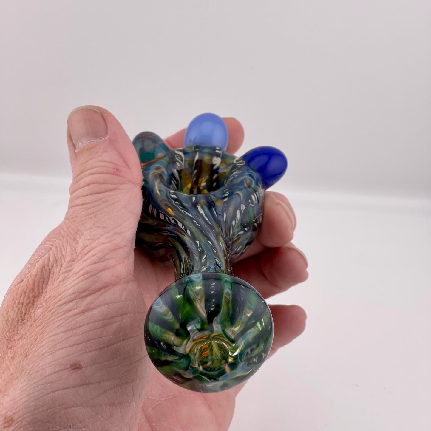 Wrap n Raked Blue and Silver Fumed Spoon Pipe with light blue and blue marbles