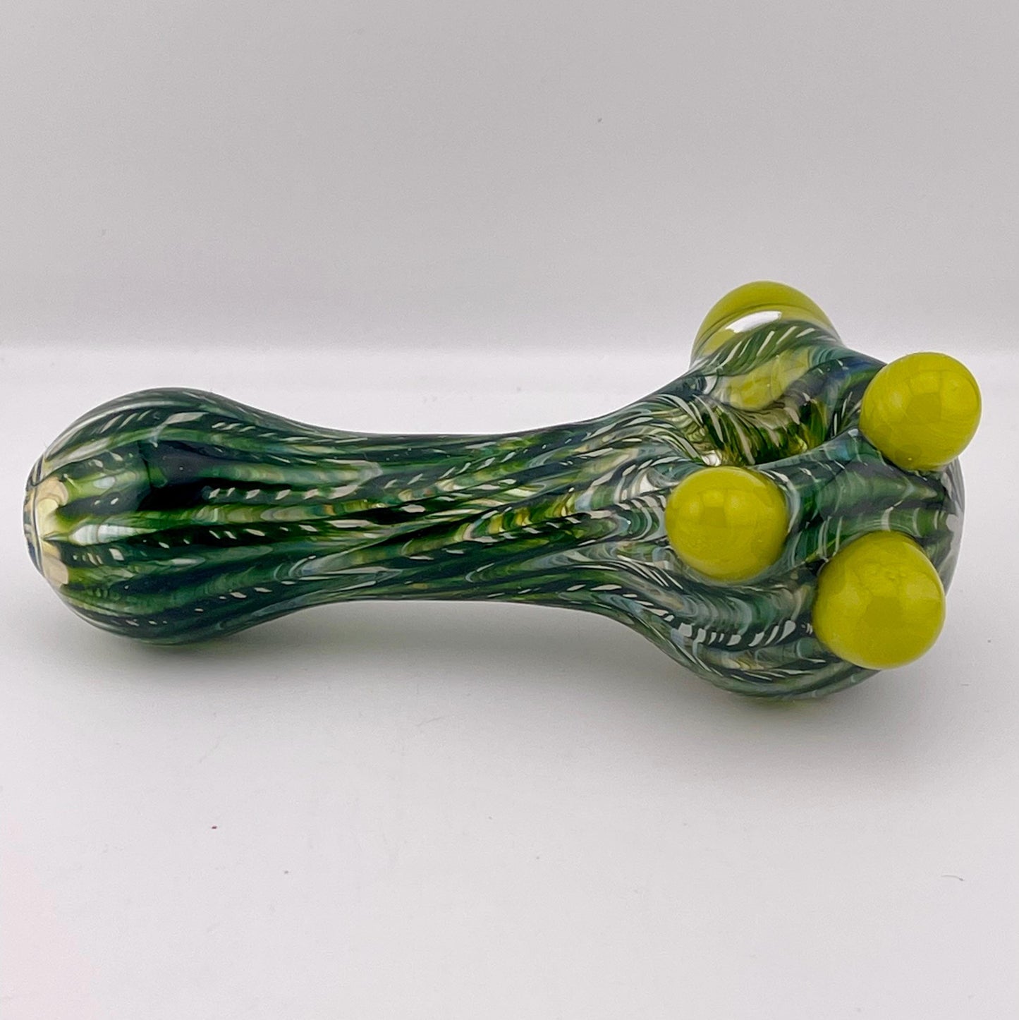 Wrap n Raked Green and Silver Fumed Spoon Pipe with yellow marbles