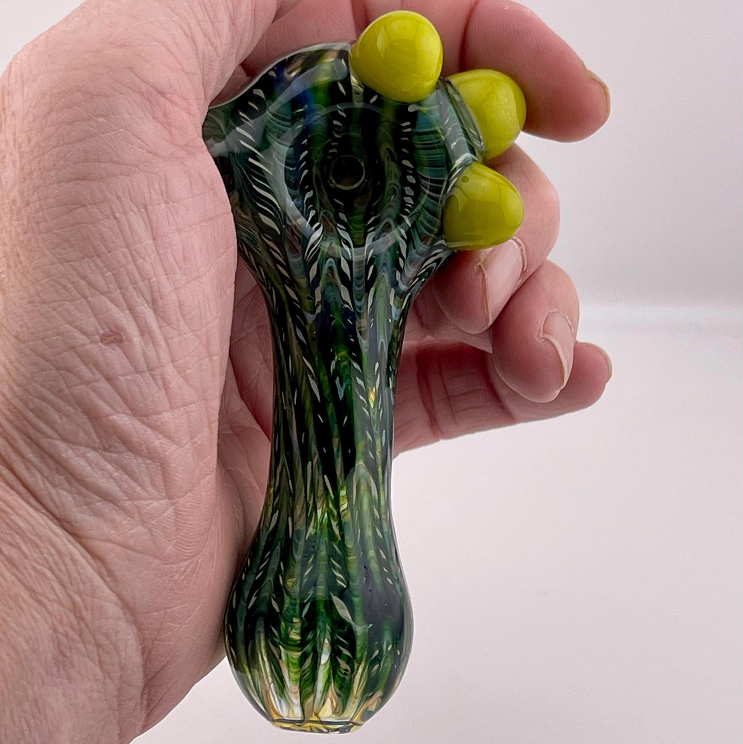 Wrap n Raked Green and Silver Fumed Spoon Pipe with yellow marbles