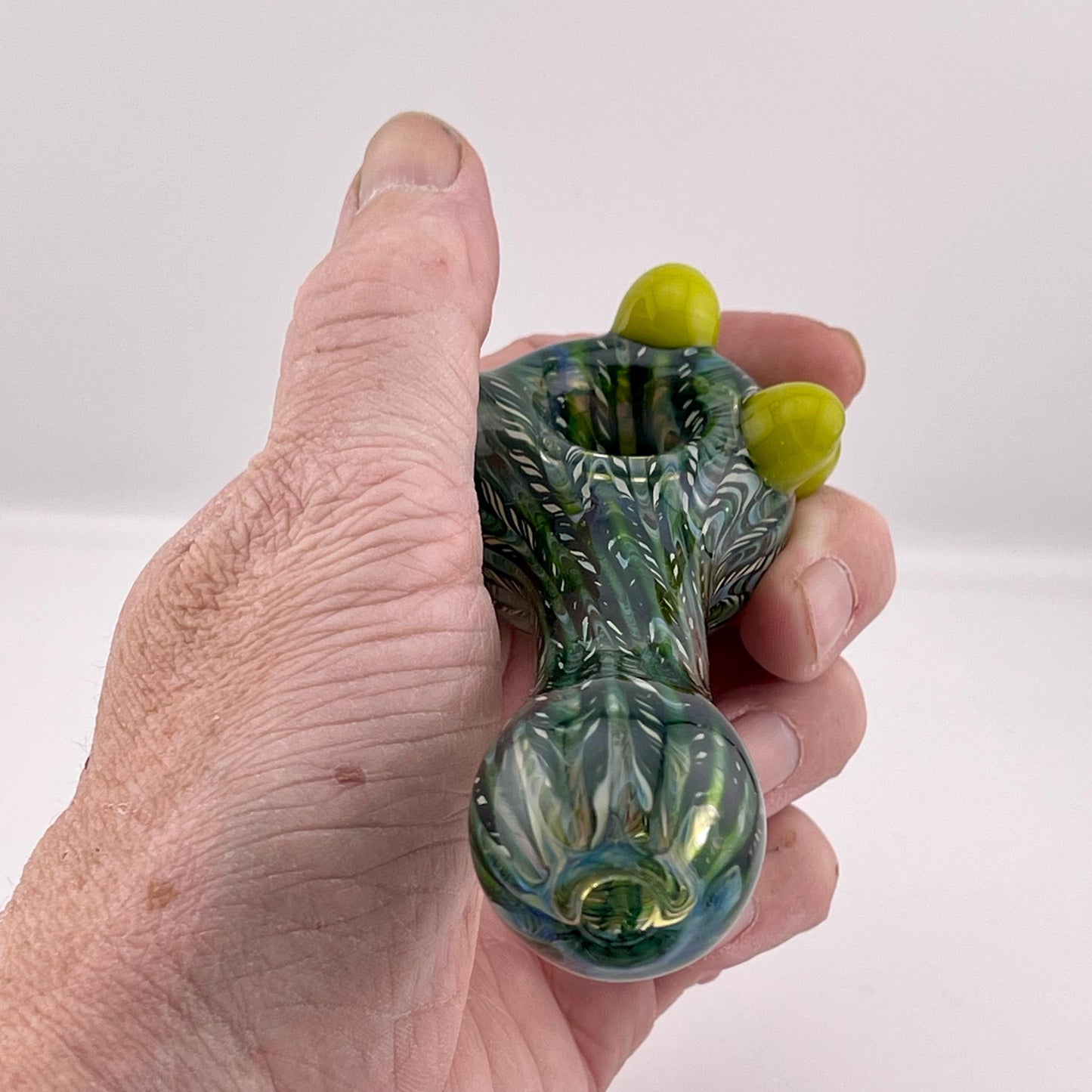 Wrap n Raked Green and Silver Fumed Spoon Pipe with yellow marbles