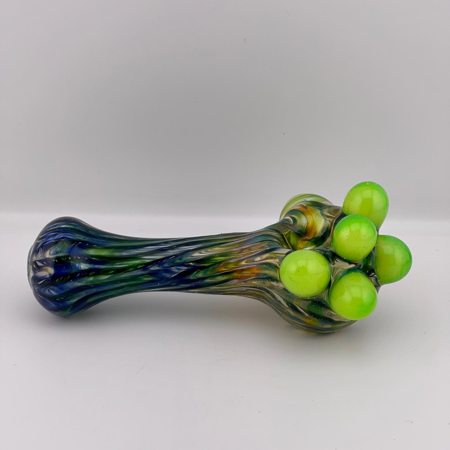 Wrap n Raked  Green and Slime Green marbles and Silver Fumed Spoon Pipe with light blue marbles