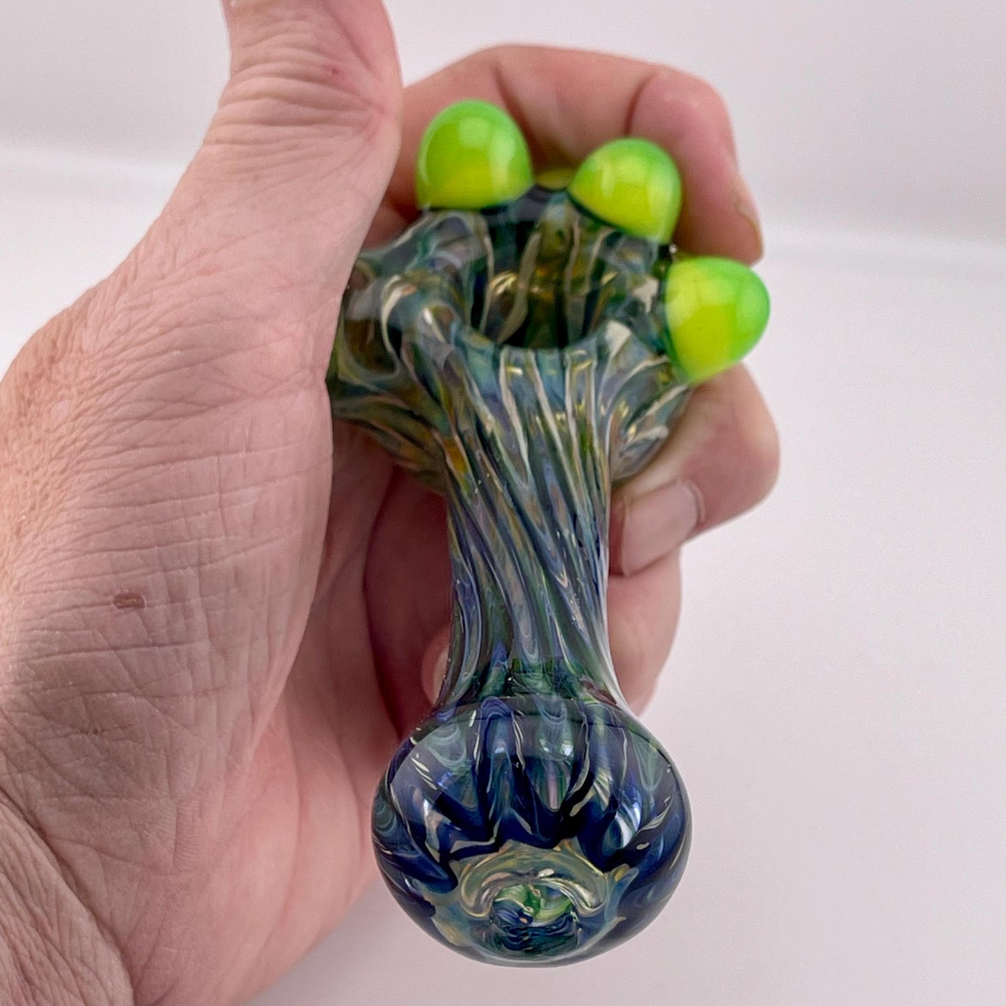 Wrap n Raked  Green and Slime Green marbles and Silver Fumed Spoon Pipe with light blue marbles