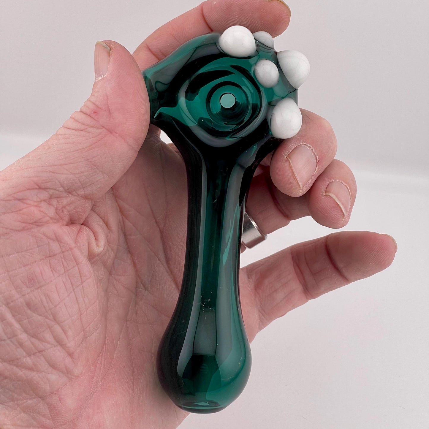 Solid Blue Green Spoon Pipe with white glow n the dark marbles