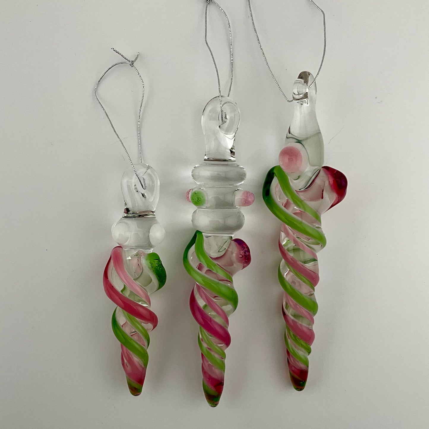 3 Pack Telemagenta and Plantphibian Green Glass Icicle Ornament  "Holiday Special"