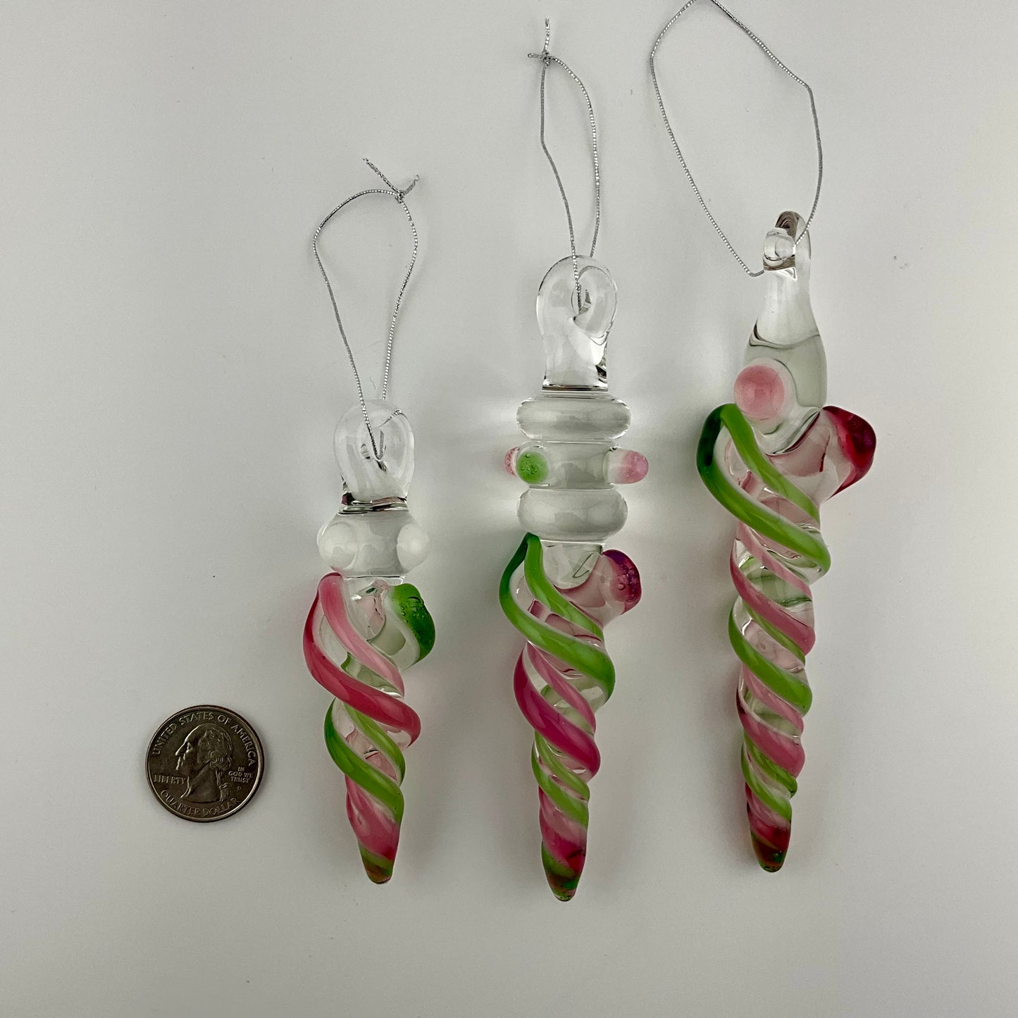 3 Pack Telemagenta and Plantphibian Green Glass Icicle Ornament  "Holiday Special"