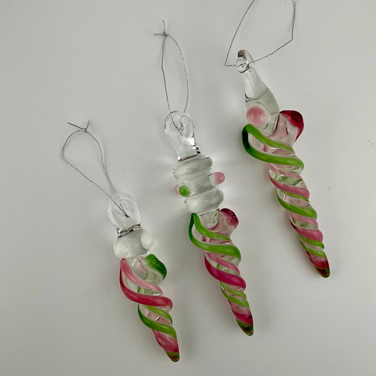 3 Pack Telemagenta and Plantphibian Green Glass Icicle Ornament  "Holiday Special"