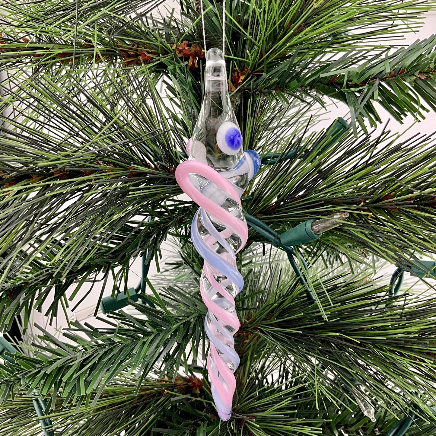 Cadillac Pink and Neptune Blue Glass Icicle Christmas Ornament