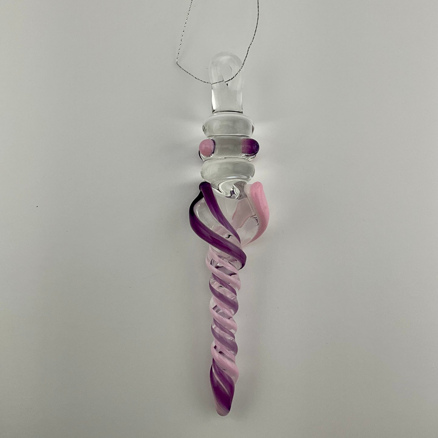 Telemagenta and Pink Cadillac Glass Icicle Ornament with multiple Maria’s