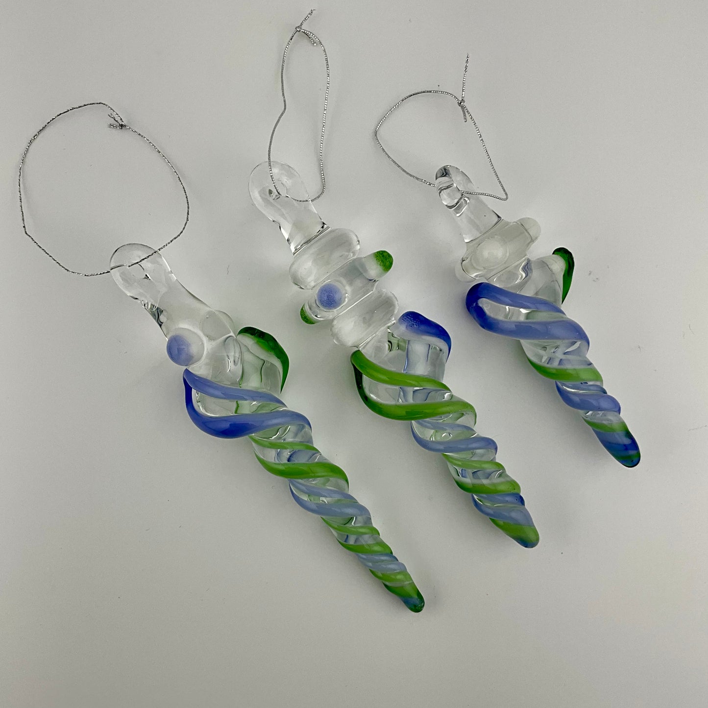 3 Pack Plantphibian Green and Neptune Blue Glass Icicle Ornament  "Holiday Special"