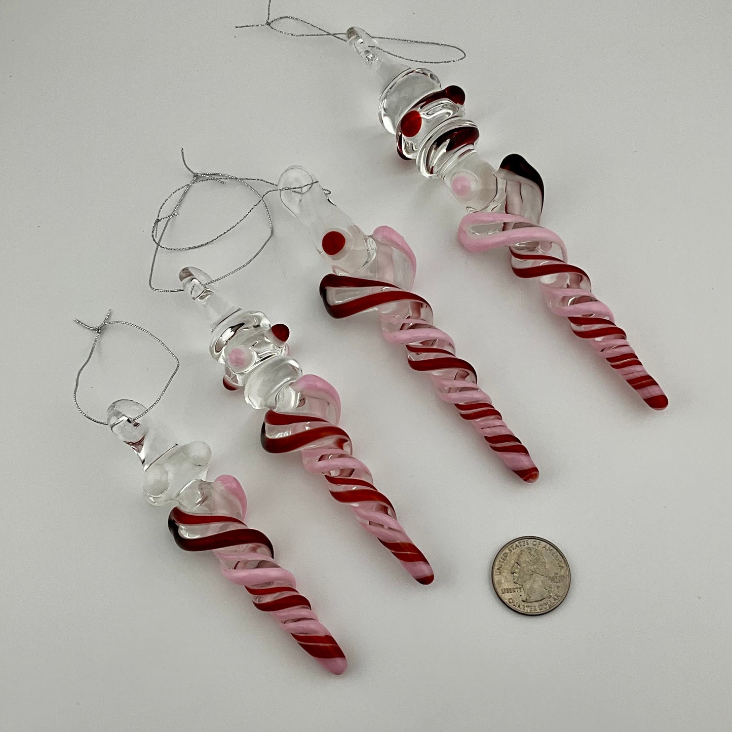 4 Pack of Cadillac Pink and Elvis Red over White Icicle Ornaments