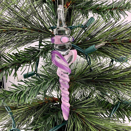 Telemagenta and Pink Cadillac Glass Icicle Ornament with multiple Maria’s