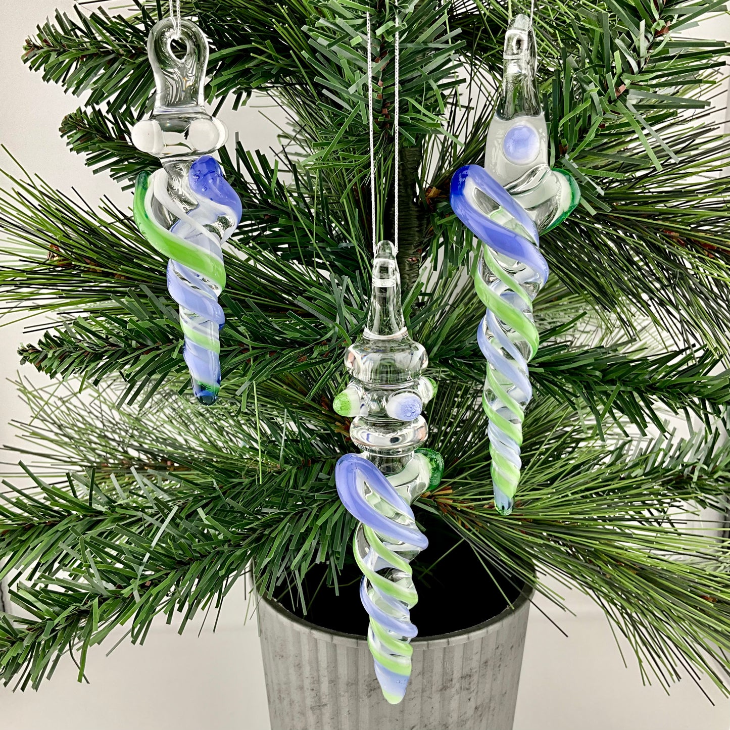 3 Pack Plantphibian Green and Neptune Blue Glass Icicle Ornament  "Holiday Special"