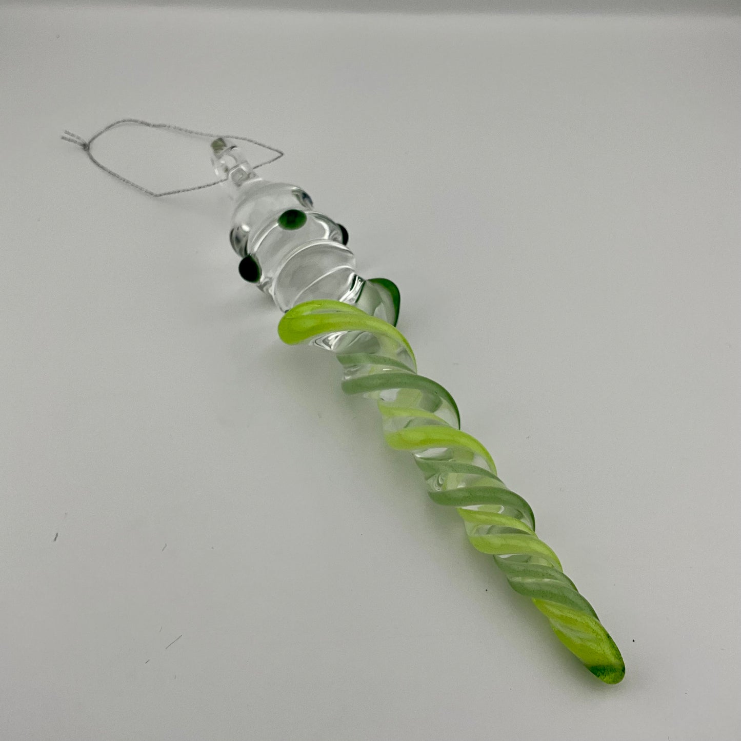 Slime Green and Sparkly Green and Glass Icicle Christmas Ornaments with clear Maria