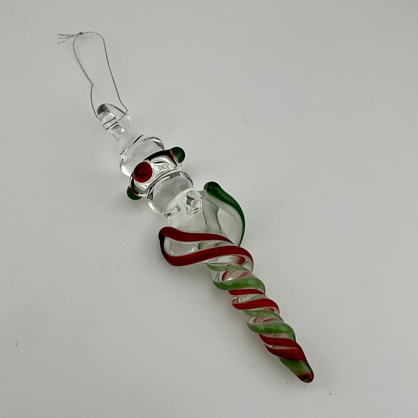 Sparkly Green and Elvis Red Glass Icicle Christmas Ornaments with clear Maria