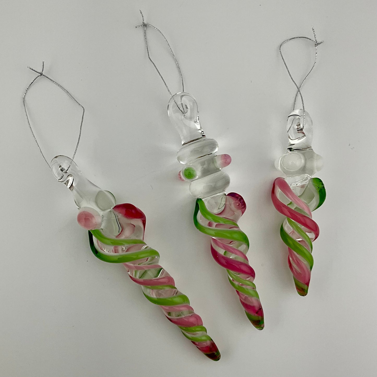 3 Pack Telemagenta and Plantphibian Green Glass Icicle Ornament  "Holiday Special"