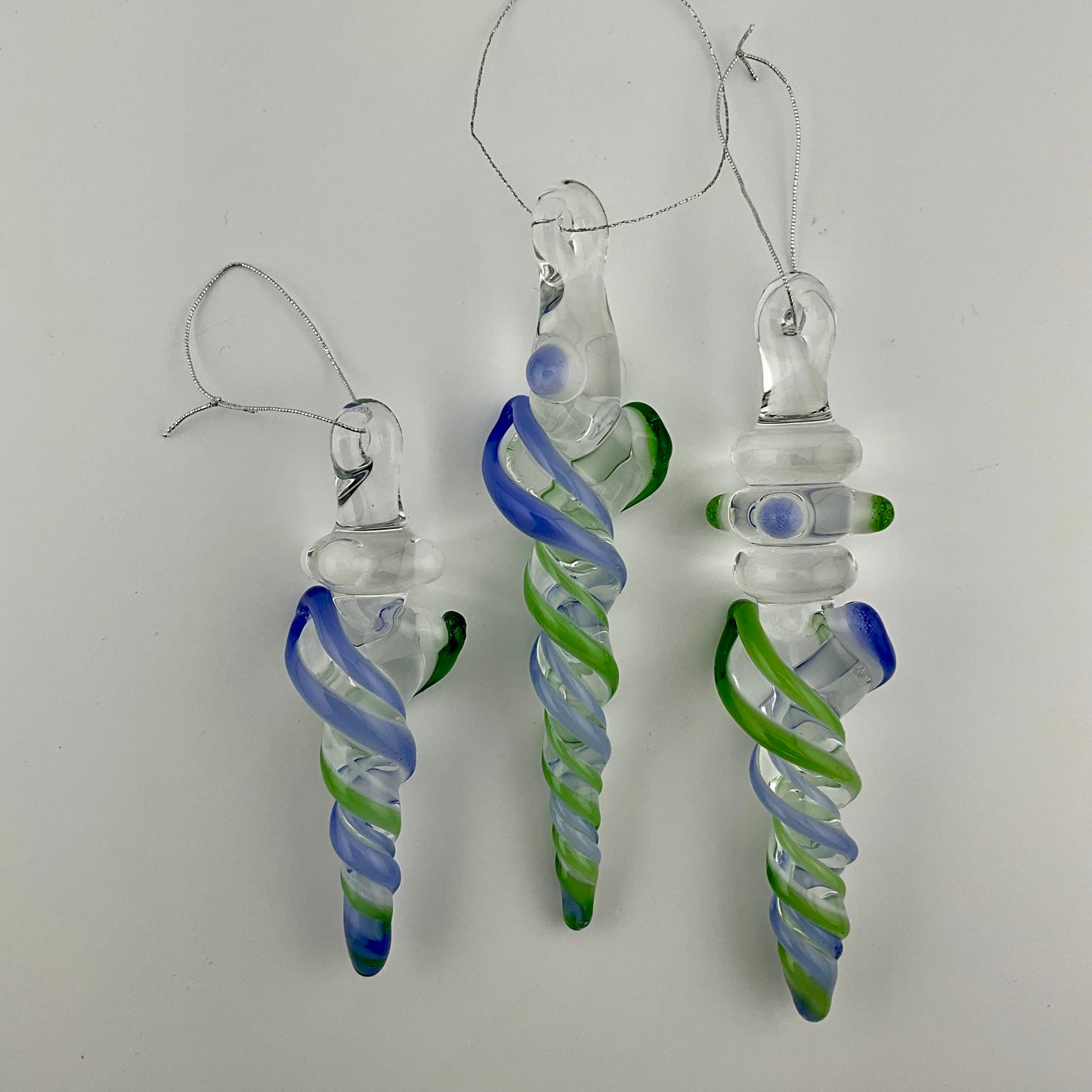 3 Pack Plantphibian Green and Neptune Blue Glass Icicle Ornament  "Holiday Special"