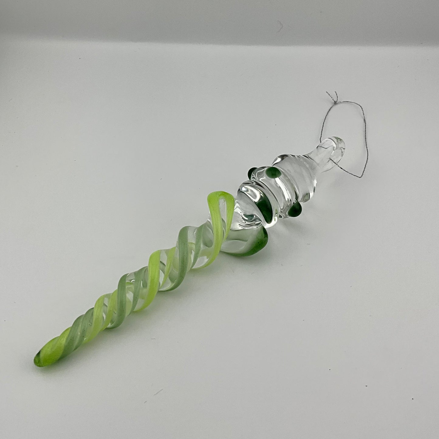 Slime Green and Sparkly Green and Glass Icicle Christmas Ornaments with clear Maria