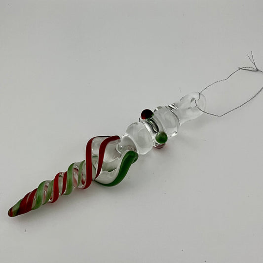 Sparkly Green and Elvis Red Glass Icicle Christmas Ornaments with clear Maria