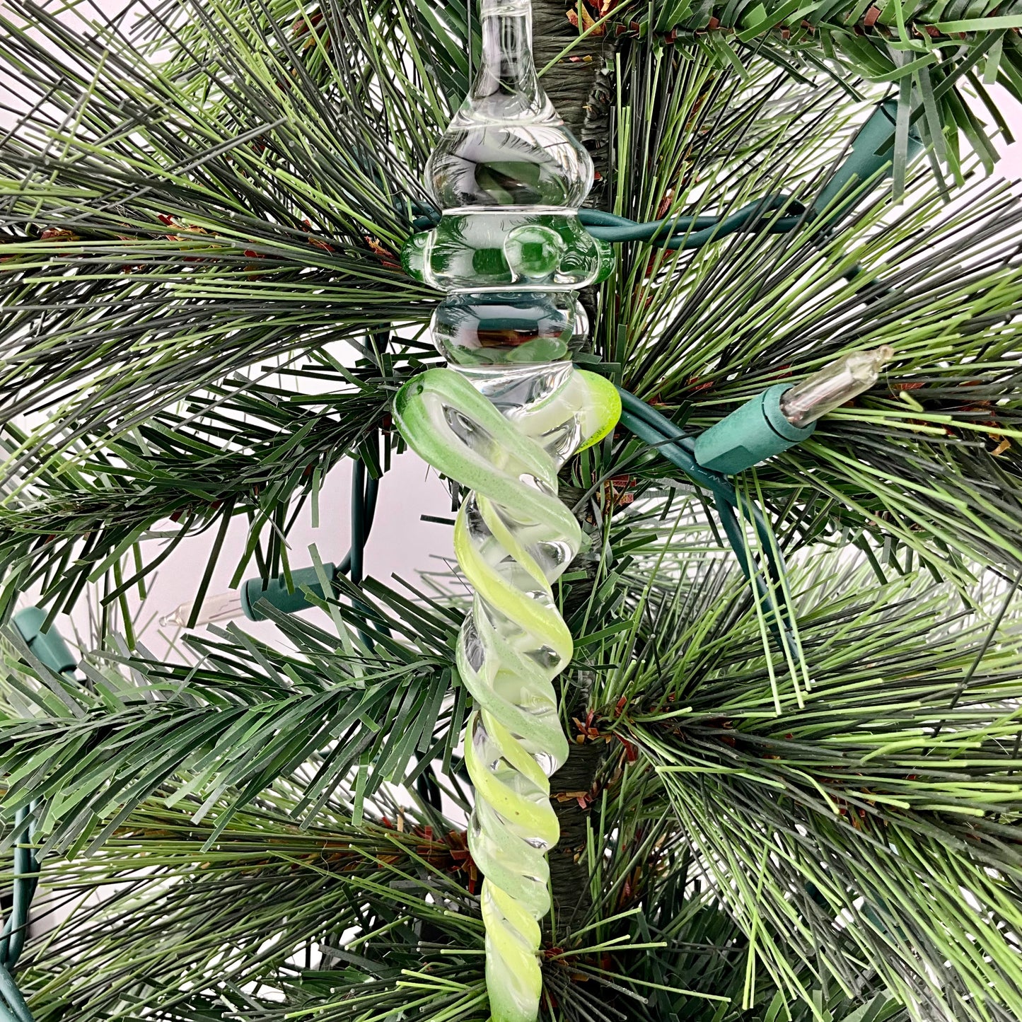 Slime Green and Sparkly Green and Glass Icicle Christmas Ornaments with clear Maria