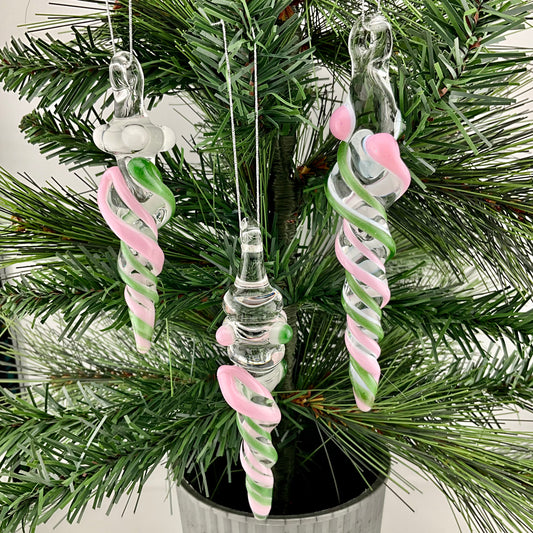 3 Pack of Cadillac Pink and Sparkly Green Icicle Ornament  "Holiday Special"