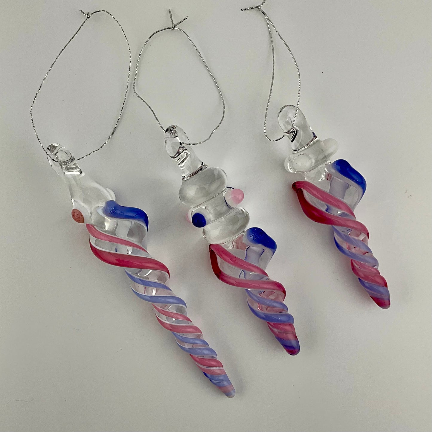 3 Pack Telemagenta and Neptune Blue Glass Icicle Ornament  "Holiday Special"