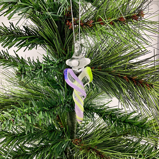 Mini Slymm Green and Pink slymm over White Glass Icicle Ornaments