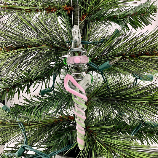 Pink Cadillac and Plantphibian Green Glass Icicle Ornament with Maria’s