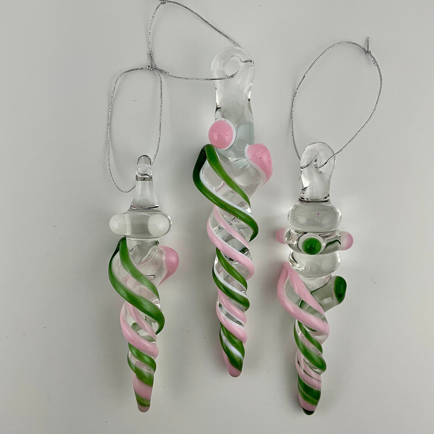 3 Pack of Cadillac Pink and Sparkly Green Icicle Ornament  "Holiday Special"