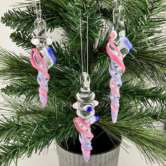 3 Pack Telemagenta and Neptune Blue Glass Icicle Ornament  "Holiday Special"