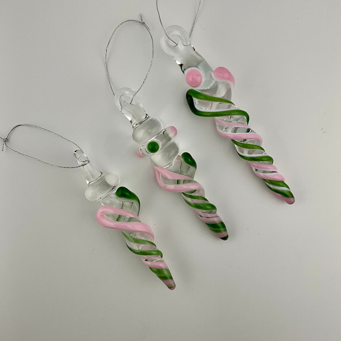 3 Pack of Cadillac Pink and Sparkly Green Icicle Ornament  "Holiday Special"