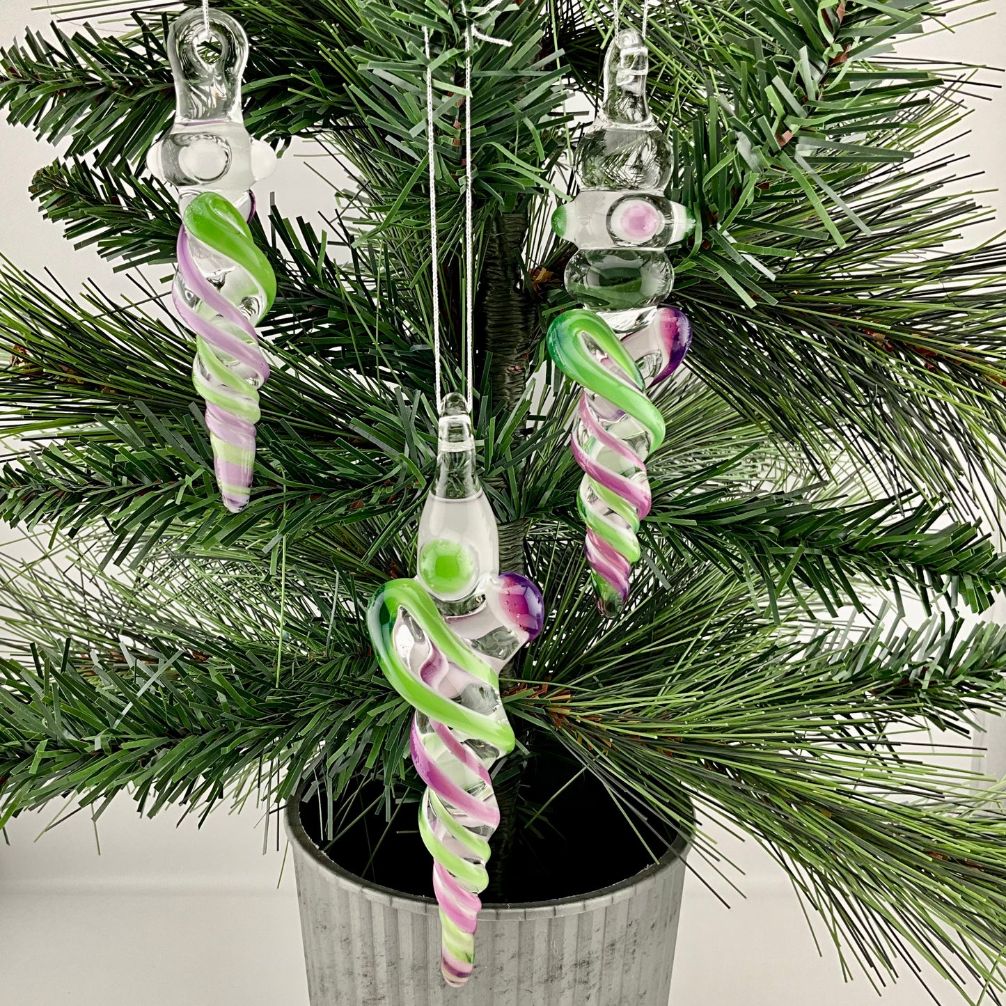 3 Pack of Royal Jelly and Plantphibian Green Glass Icicle Ornament  "Holiday Special"