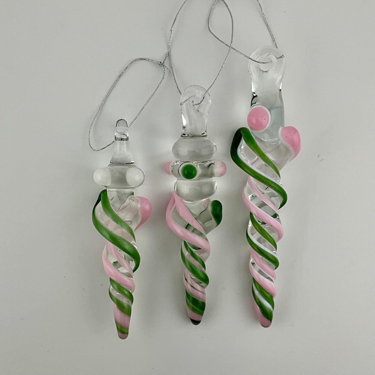 3 Pack of Cadillac Pink and Sparkly Green Icicle Ornament  "Holiday Special"