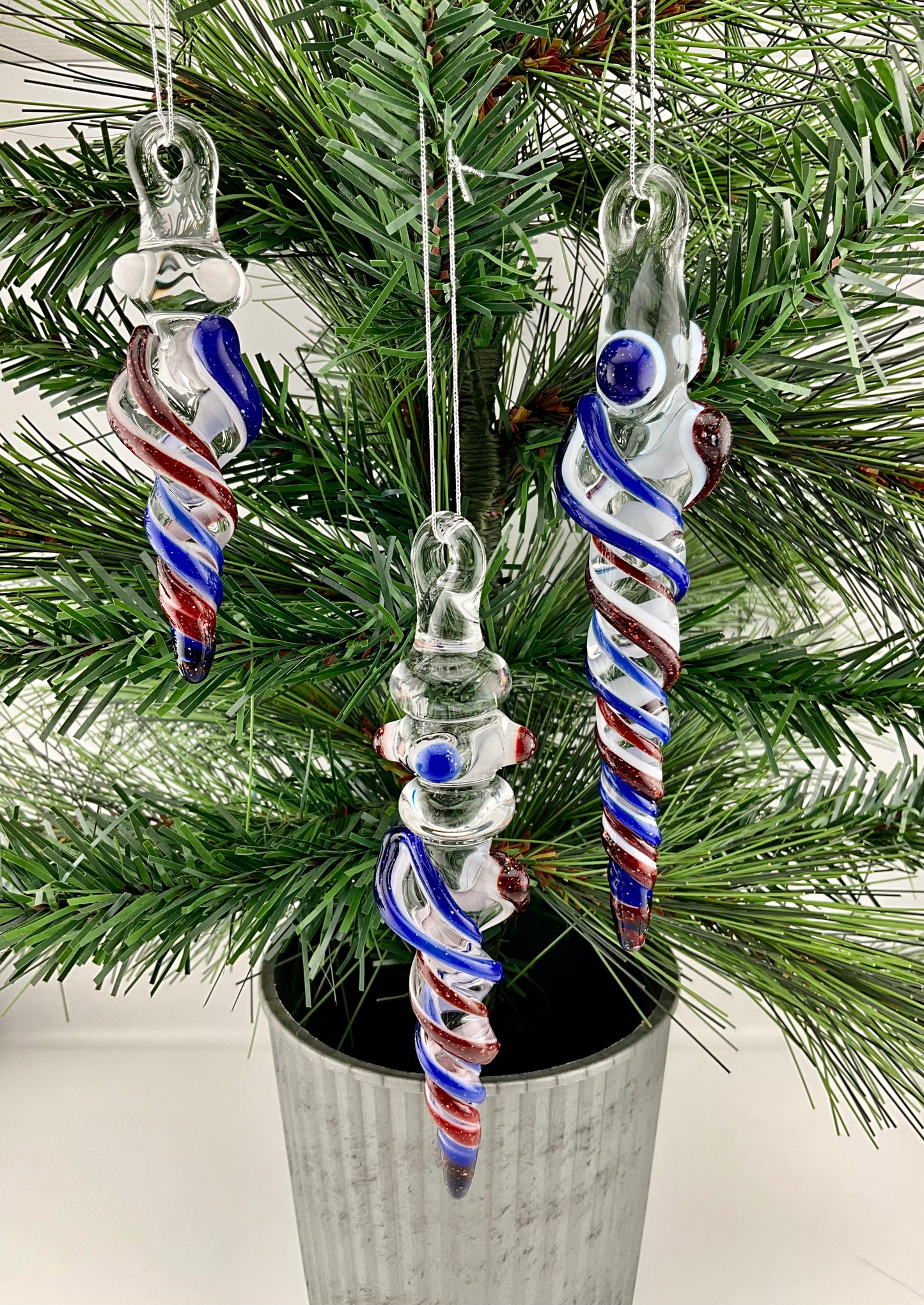 3 Pack Blizzard Red and Blizzard Blue Glass Icicle Ornament  "Holiday Special"