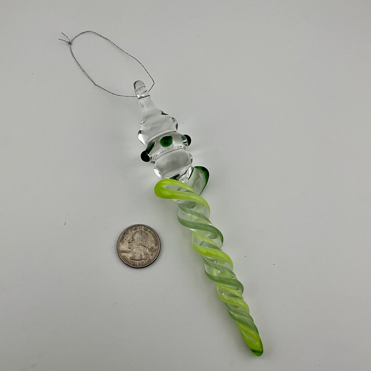 Slime Green and Sparkly Green and Glass Icicle Christmas Ornaments with clear Maria